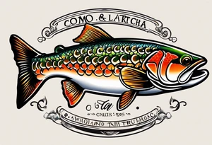 A small tattoo with a shaded trout and text that says, 'Como la trucha...' drawn with fine lines." tattoo idea