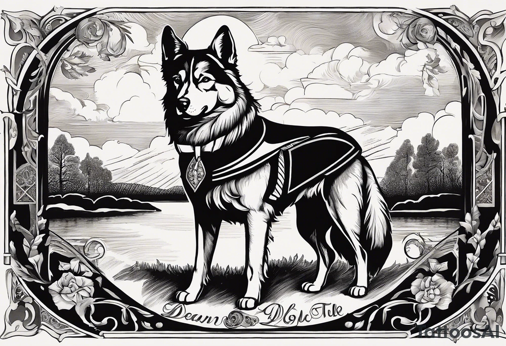 Tattoo of An artistic depiction inspired by Jean de La Fontaine’s fable ‘The Dog and the Wolf.’ The scene shows a sleek, well-groomed dog dressed as a dandy, wearing a luxurious coat and an enormous dog collar with a hang ring. The dog stands proudly, exuding confidence and wealth. Opposite him is a rugged, lean wolf with a wild look, pointing at the dog’s collar with a paw in a gesture of questioning or concern. The setting is a soft shadows and a tranquil yet tense atmosphere. The art style is detailed and elegant, evoking the aesthetic of 18th-century European illustrations.” tattoo idea