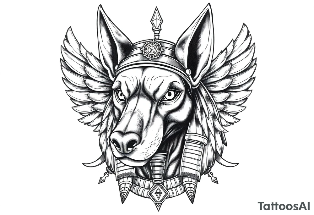 Egyptian Anubis god face muscle in Egypt style  with mantle on head with empty eyes 

dog face surrounded Egyptian symbols based on elements tattoo idea
