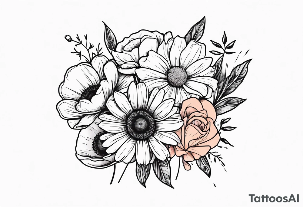 Bouquet of a Daisy, rose and poppy. Masculine. tattoo idea
