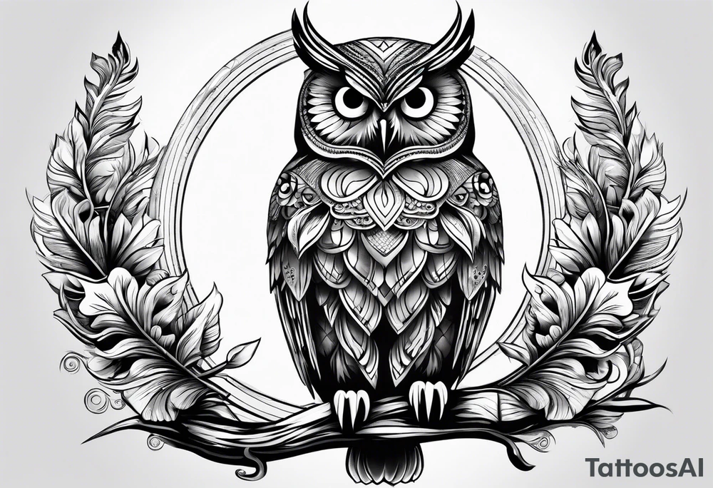 “A wise owl perched on a branch, with large, expressive eyes and intricate feather patterns, representing wisdom tattoo idea