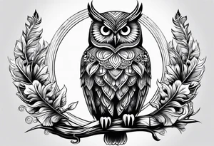 “A wise owl perched on a branch, with large, expressive eyes and intricate feather patterns, representing wisdom tattoo idea