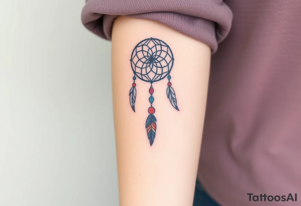 native dreamcatcher with flowing feathers and sacred beads tattoo idea