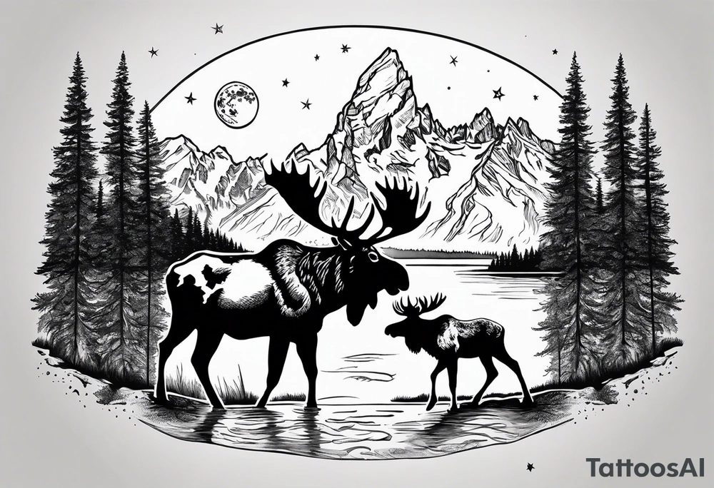 Half sleeve of Teton mountain range with moon and stars in the sky, two moose in front of Teton lake tattoo idea