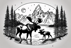 Half sleeve of Teton mountain range with moon and stars in the sky, two moose in front of Teton lake tattoo idea