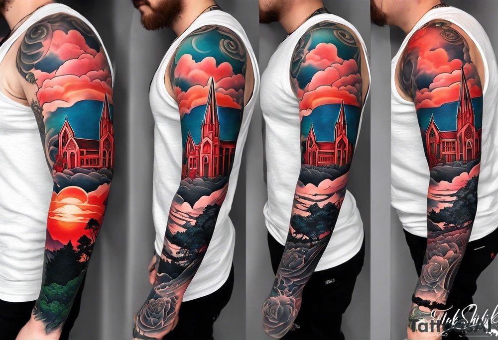 Full arm sleeve with multiple elements blended together. I want the Duke university chapel , cherry tree elements , red clouds from akatski , naruto or sauske , Atl skyline and captain C tattoo idea