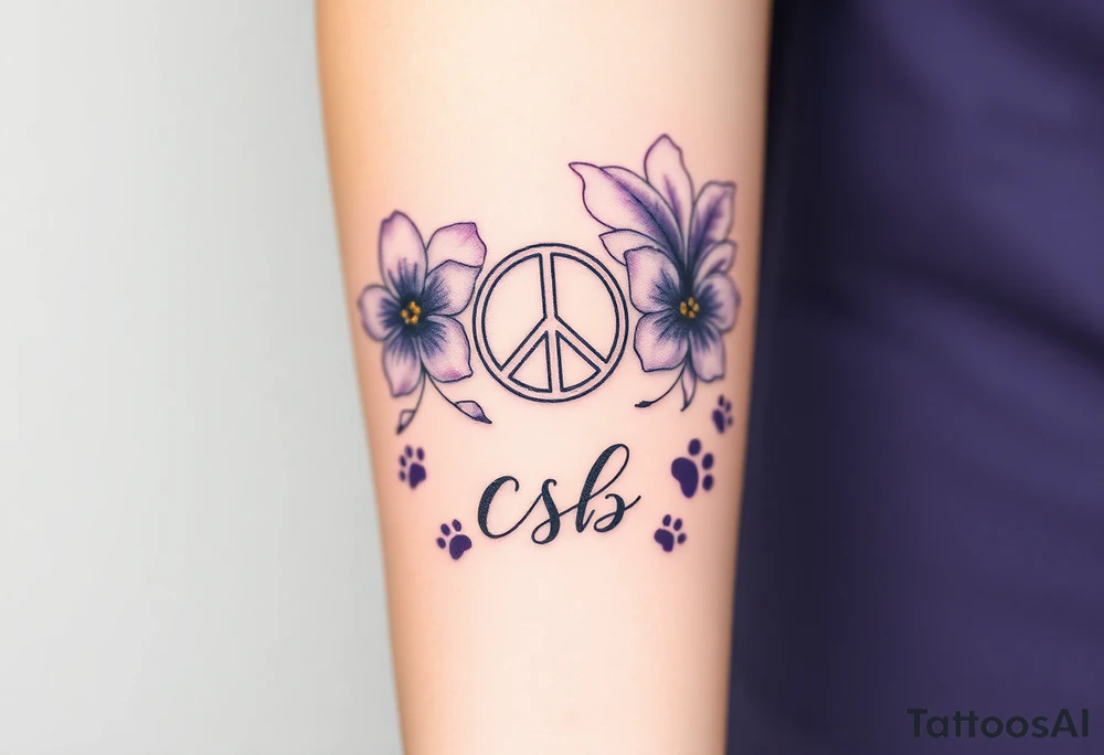Violets, peace symbol, Pisces symbol, dog prints, amethyst, initials csb in cursive font tattoo idea