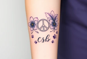 Violets, peace symbol, Pisces symbol, dog prints, amethyst, initials csb in cursive font tattoo idea