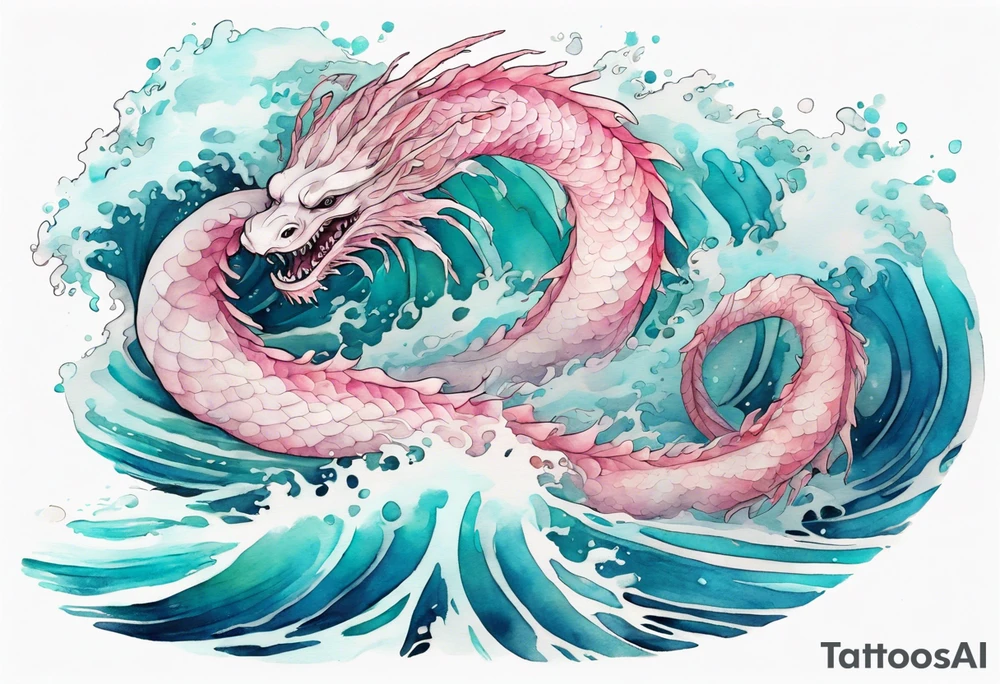 a gentle Falkor sea-serpent hybrid with turquoise and pink scales emerging from the waves tattoo idea