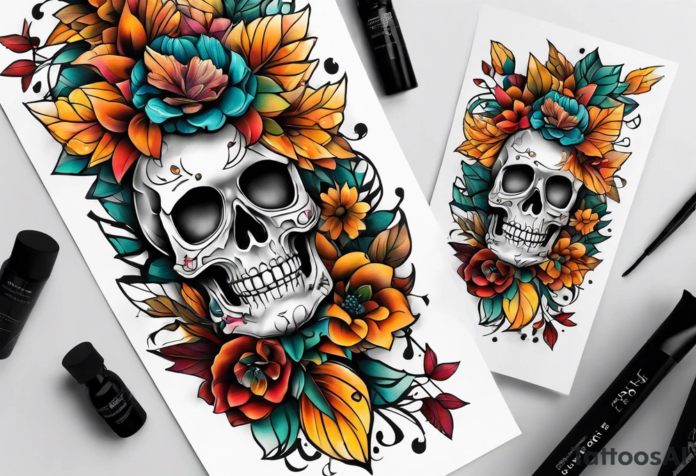 Knee tattoo with fall colors, flowers, skulls and geometric shapes. tattoo idea