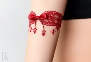 A deep red lace garter design, with a satin bow and subtle gemstone details for a sensual aesthetic tattoo idea