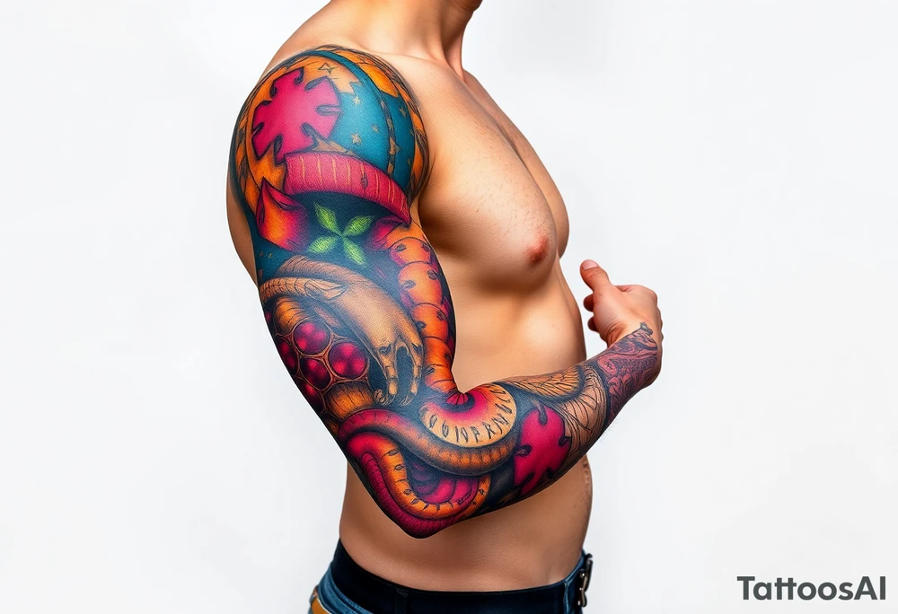 left arm full sleeve to support autism awareness full color and completed filled sons name written on there as well tattoo idea
