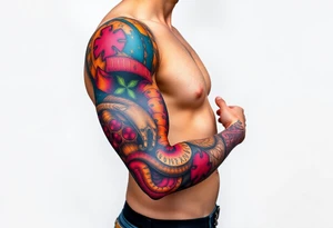 left arm full sleeve to support autism awareness full color and completed filled sons name written on there as well tattoo idea