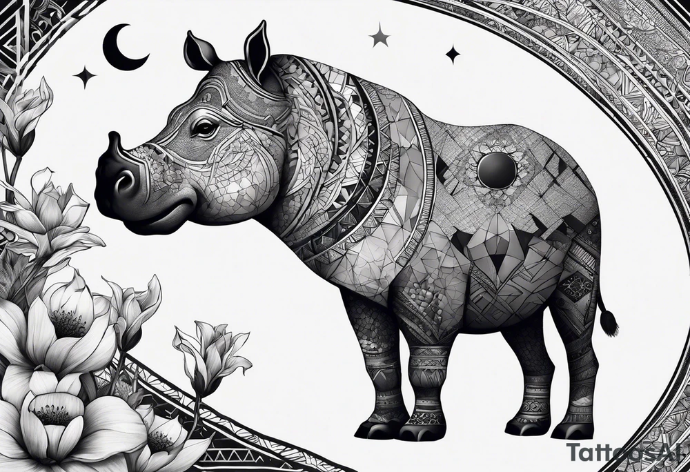 Very asymmetrical, +geometric pattern, with realistic full moon, with hippo,+tribal, +geometric, +inkart , +blackwork, +grey scale, + sketch
with wintersweet flower bud, +inkart touch, +for men, detailed , combined favourite , tattoo idea