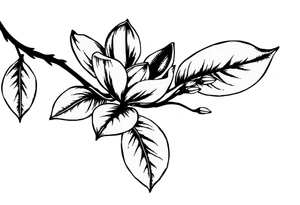 Long magnolia branch with botanical details tattoo idea