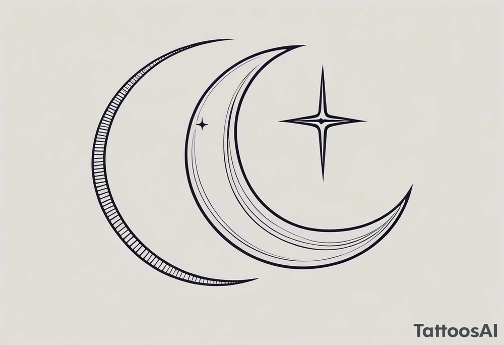 Minimalist Crescent Moon with Trishul: A delicate crescent moon with a fine-line trident integrated into the curve of the moon. The trident can be small and simple, sitting just below or to the side of the crescent moon.

Crescent Moon with Trishul Inside: A small crescent moon with a tiny trident embedded inside the curve. This could be done in a single line or with light shading to keep the design clean and minimal.

Crescent Moon and Trishul as a Single Line: The crescent moon and trident could be designed as a single, flowing line, where the trident’s three prongs are subtly incorporated into the crescent's edge.

Trishul Overlay on Crescent Moon: A crescent moon with a small trident overlaid or intersecting through it. This design would have the trident positioned vertically through the moon or slightly off-center tattoo idea