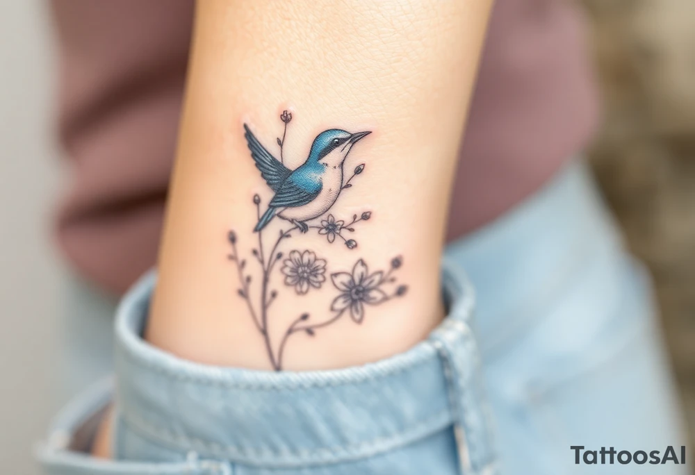 Bluebird with wild flowers tattoo idea