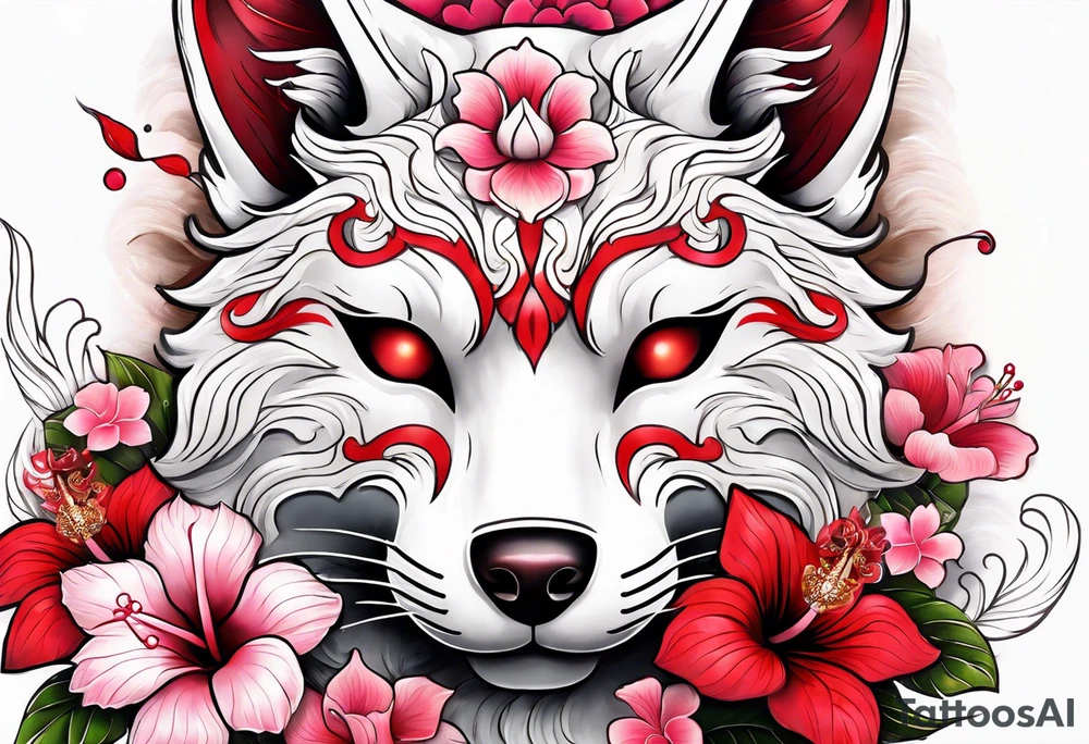 White kitsune Japanese mask with red accents and pink hibiscus flowers tattoo idea