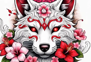White kitsune Japanese mask with red accents and pink hibiscus flowers tattoo idea