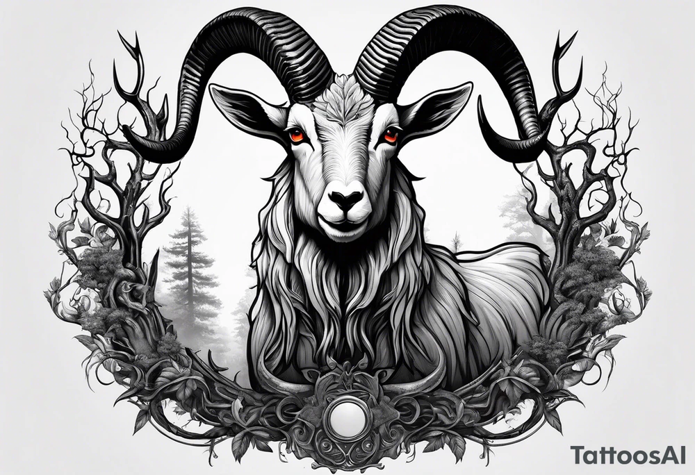 Evil Satanic goat with horns (full body) in a forest tattoo idea Evil Satanic goat with horns (full body) in a forest tattoo idea
