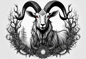Evil Satanic goat with horns  (full body) in a forest tattoo idea