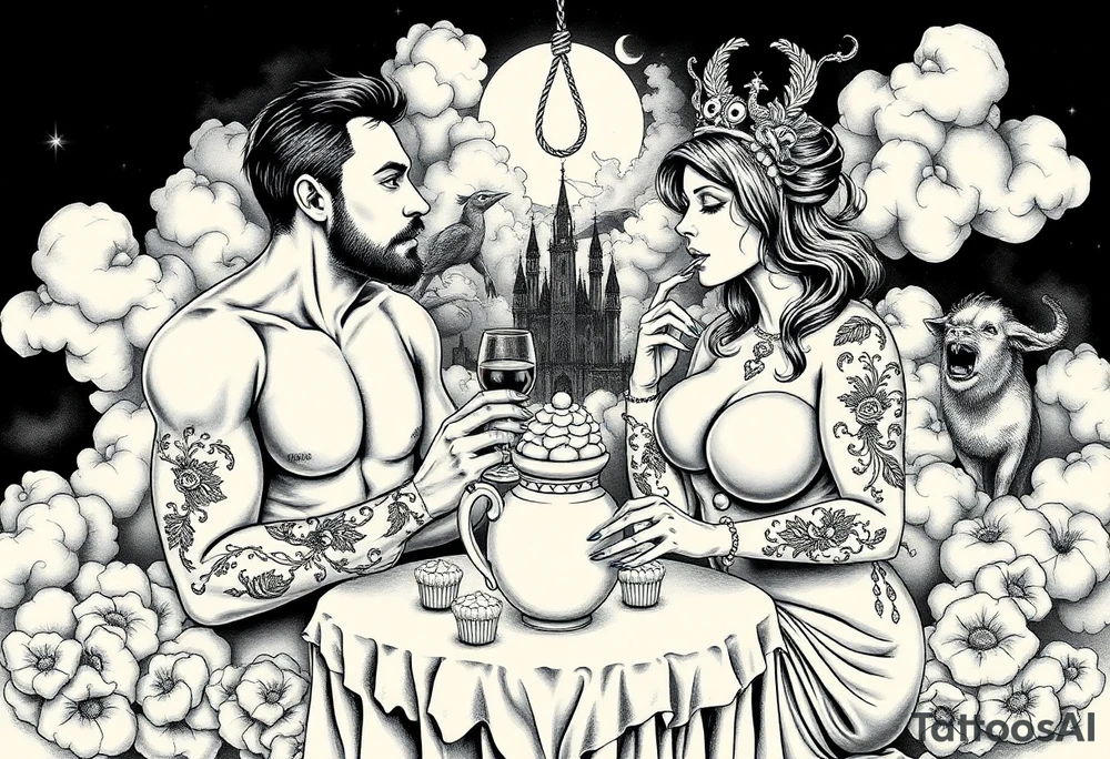 Mystical Naked Man and woman having sex eating cupcakes and liquor fruit  having sex clouds gothic sexy naked fat lady having a tea party with tea pot and castle 
with a pigs, peacock, noose, lion, goat, smoking cigerettes looking in the mirror thru storm clouds with razor blades and broken hearts and darkness and wrath, envy , gluttony, greed, sloth, pride kill tattoo idea