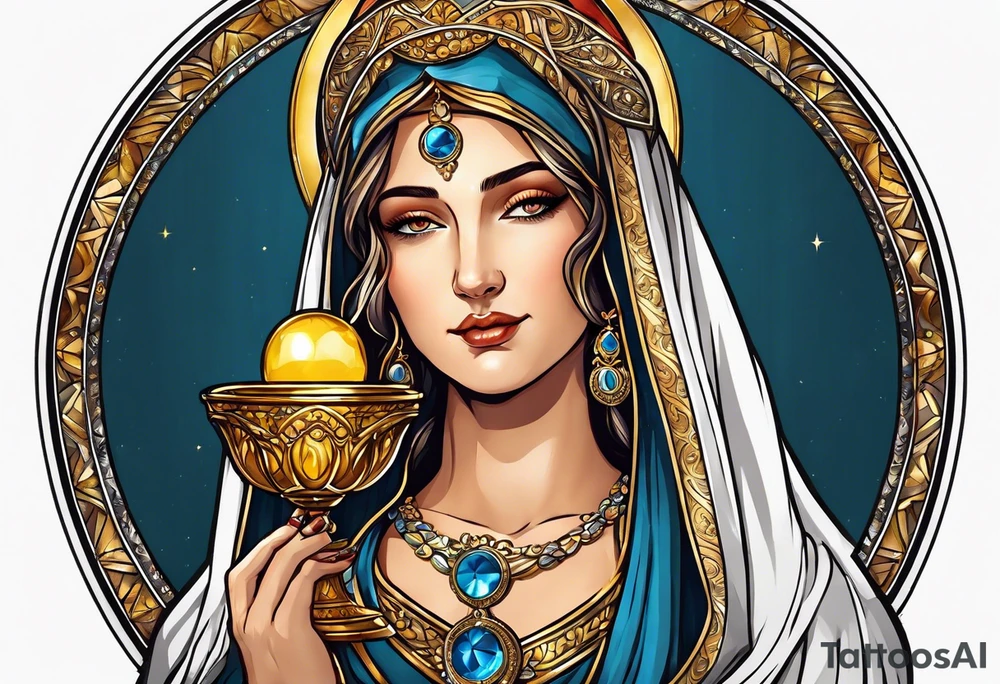 holy saint woman with golden halo holding a chalice tattoo idea