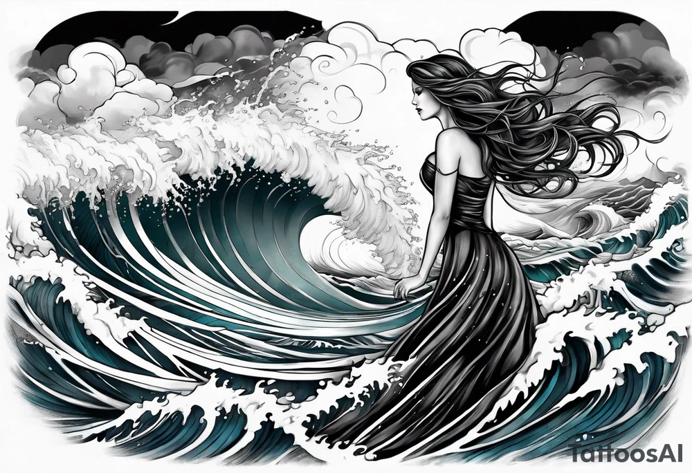 stormy sea waves, full-length woman in the middle of the storm tattoo idea