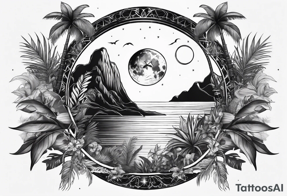sleeve tattoo with jungle plants and Vegvisir, moon and beach tattoo idea