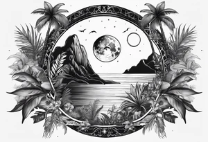 sleeve tattoo with jungle plants and Vegvisir, moon and beach tattoo idea