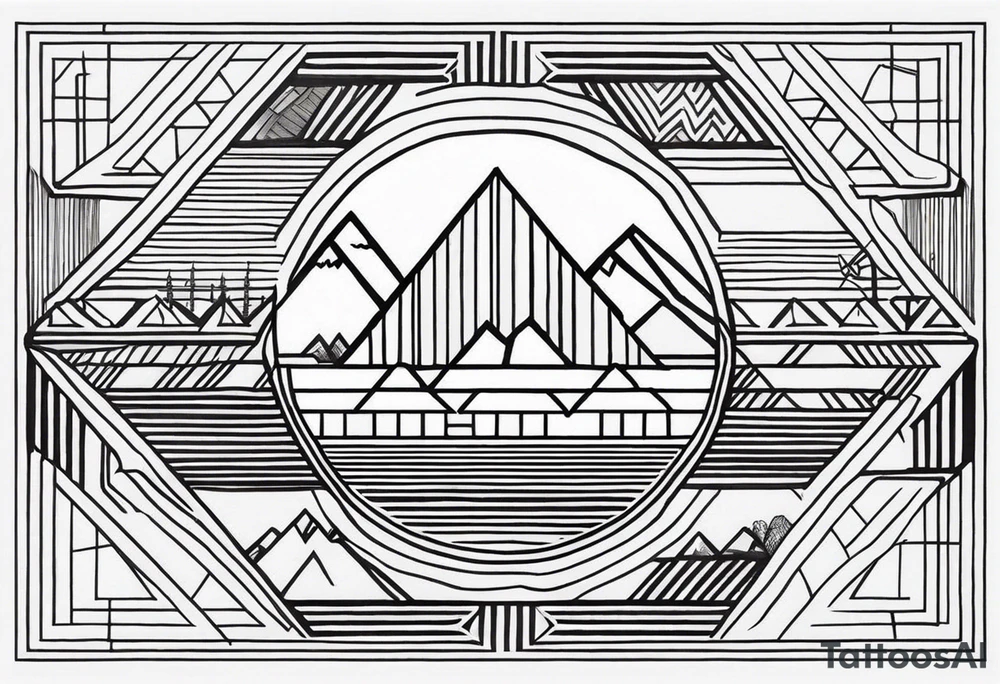 Create a tattoo design in a linear geometric art style depicting images associated with Peru, such as the Andes Mountains, Machu Picchu, llamas or traditional textile patterns. The tattoo should be done in a monochromatic black and white color scheme with clear outlines and minimal details to create an elegant and modern composition. tattoo idea