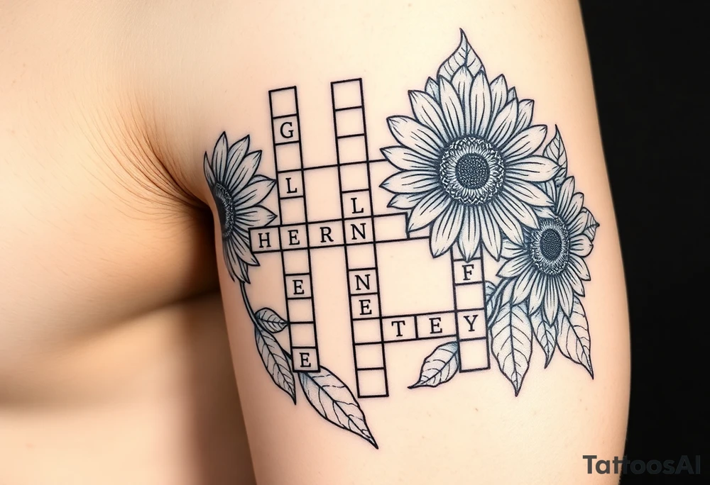 Crossword puzzle with sunflowers with names Gloria, ariel, herbert, camila, kenny tattoo idea