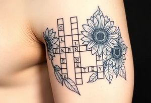 Crossword puzzle with sunflowers with names Gloria, ariel, herbert, camila, kenny tattoo idea