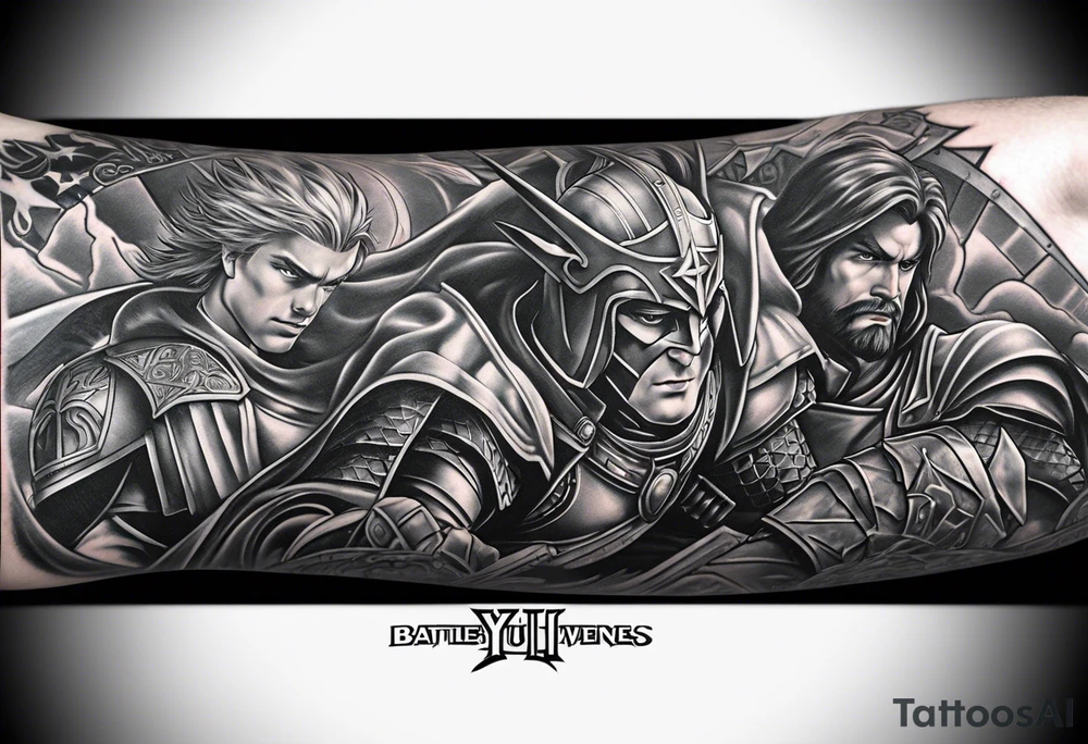 Full arm sleeve tattoo extending from shoulder to wrist featuring the battle of Helms Deep with character such as Anakin Skywalker, Obi Wan Kenobi, Darth Vader, Superman, Batman, Green Lantern, Dark Magician and Blue-Eyes White Dragon from Yu-Gi-Oh!, and Captain America added in tattoo idea