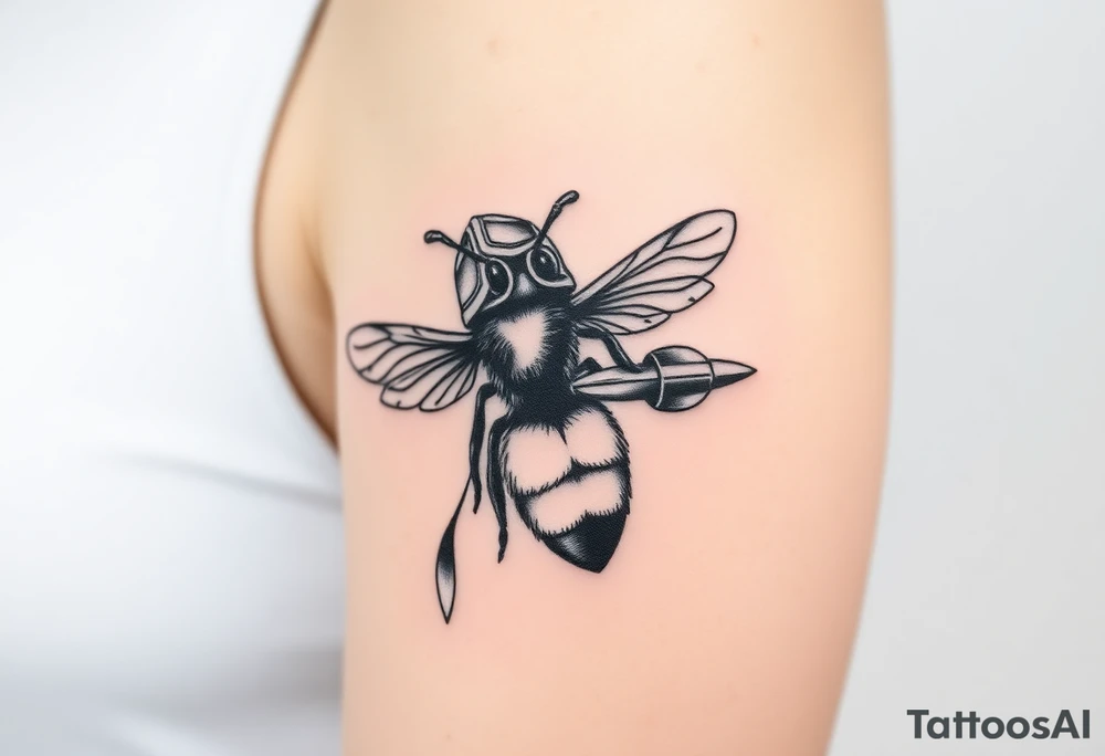 bee with a pilots hat flying next to a jet plane tattoo idea