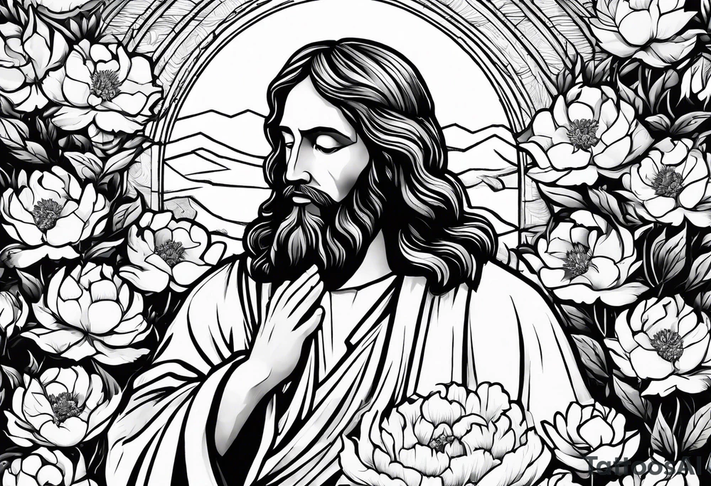 Jesus Christ praying in a peony garden and healed a blind man tattoo idea