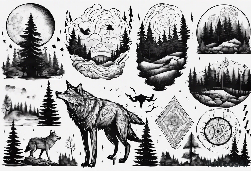 a thunder and lightning storm over a forest with a distant wolf howling and a drum circle tattoo idea a thunder and lightning storm over a forest with a distant wolf howling and a drum circle tattoo idea