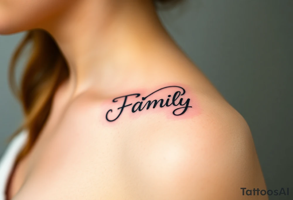 A flowing infinity symbol intertwined with the word "family" written in elegant cursive, symbolizing endless love and connection tattoo idea