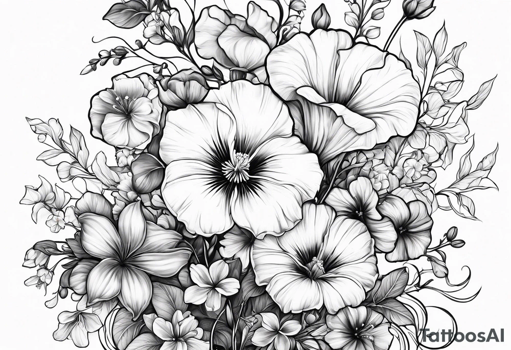 a vertical flower bouquet including sweet pea, larkspur, morning glory and cosmos tattoo idea