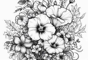 a vertical flower bouquet including sweet pea, larkspur, morning glory and cosmos tattoo idea