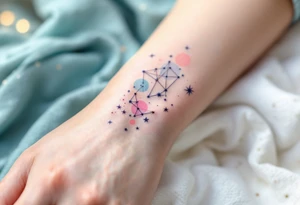 A subtle Aries star map in pastel blues and pinks celebrates the zodiac sign’s cosmic connection with a soft elegance. tattoo idea