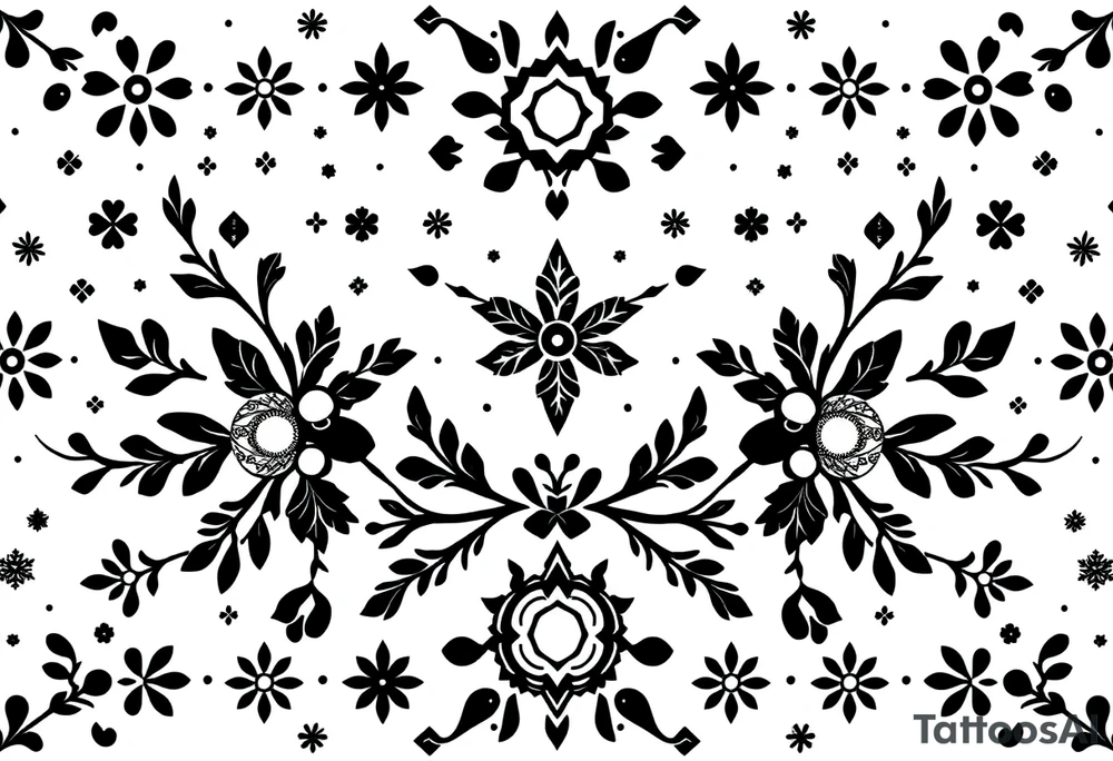 a very dense christmas pattern with orbs, orange slices, mistletoes, okive branches, snowflakes and stars tattoo idea