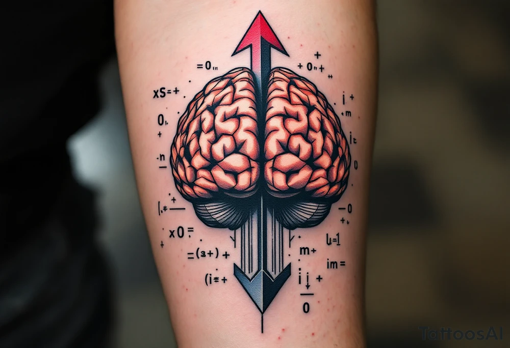 A front-seen brain in geometric and straight lines, math symbols arround. A detailed arrow crosses from below and exit from the top, with its tip desintegrating to represent entropy. Around of the main tattoo, math and physics formulas fill the space, including the formula "ΔS ≥ 0" and the formula "(iδ + m) Φ = 0" tattoo idea