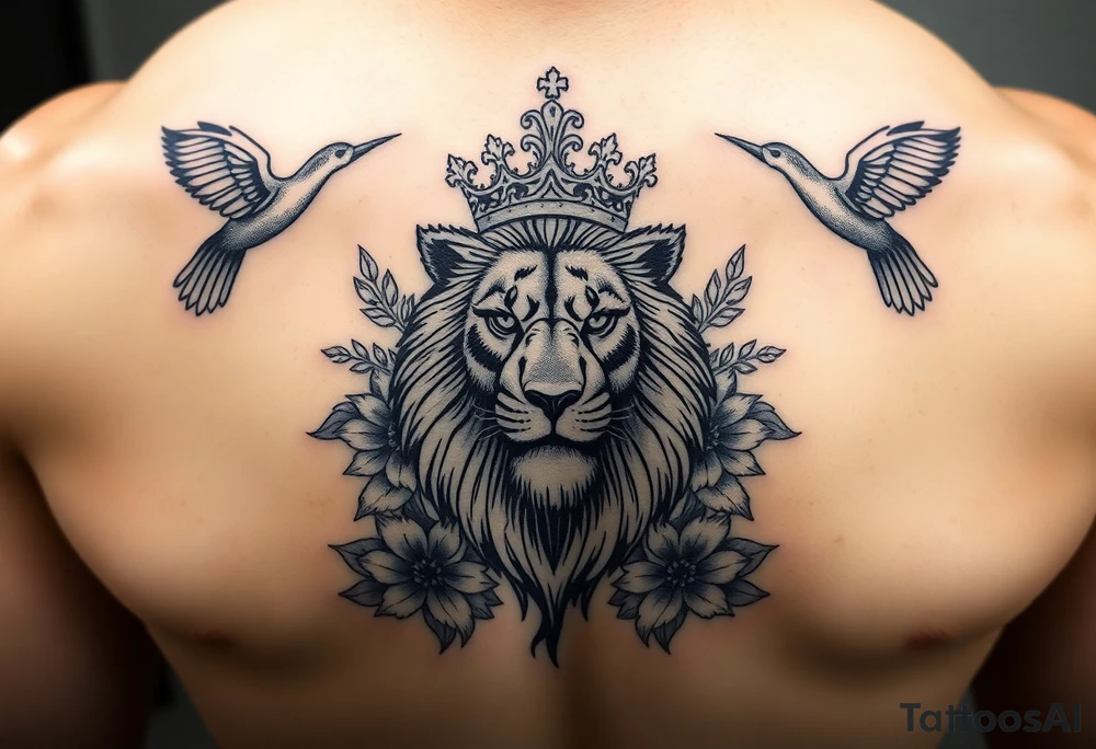 powerful majestic lion with a crown, surrounded by floral oranaments and birds tattoo idea