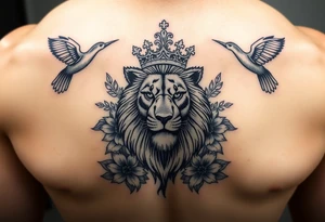 powerful majestic lion with a crown, surrounded by floral oranaments and birds tattoo idea