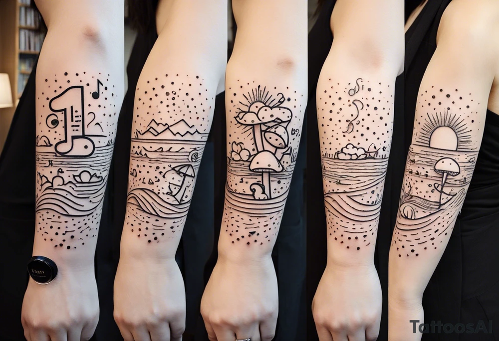 a simple line of icons down the back of the arm. each icon is half an inch big. they're all separated by small dots: a music note on a staff at the top, a wave of water beneath it, a pocket below that, followed by the mushroom from mario cart. the entire tatto is four inches down the arm and each icon is separated by two small dots. there is a lot of blank space tattoo idea