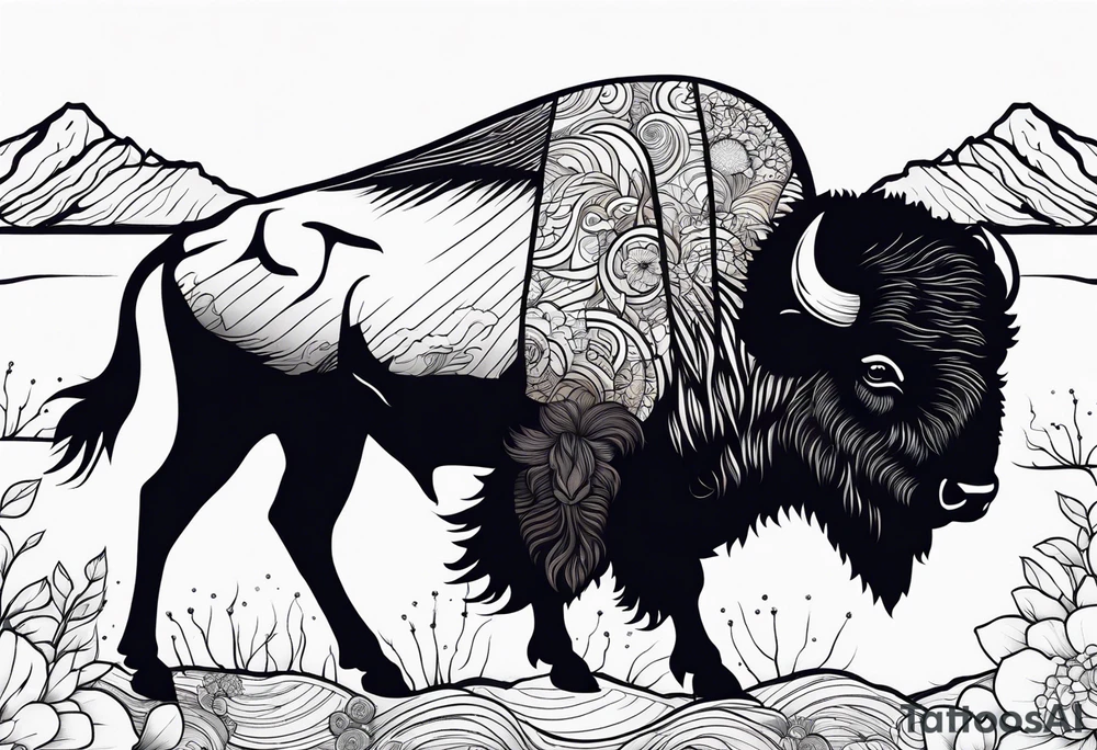 bison silhouette with grand prismatic spring colors tattoo idea