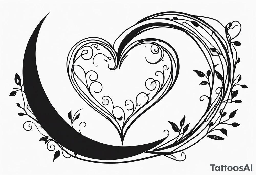 Crescent moon with a love heart inside with vines creeping down it tattoo idea