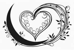 Crescent moon with a love heart inside with vines creeping down it tattoo idea