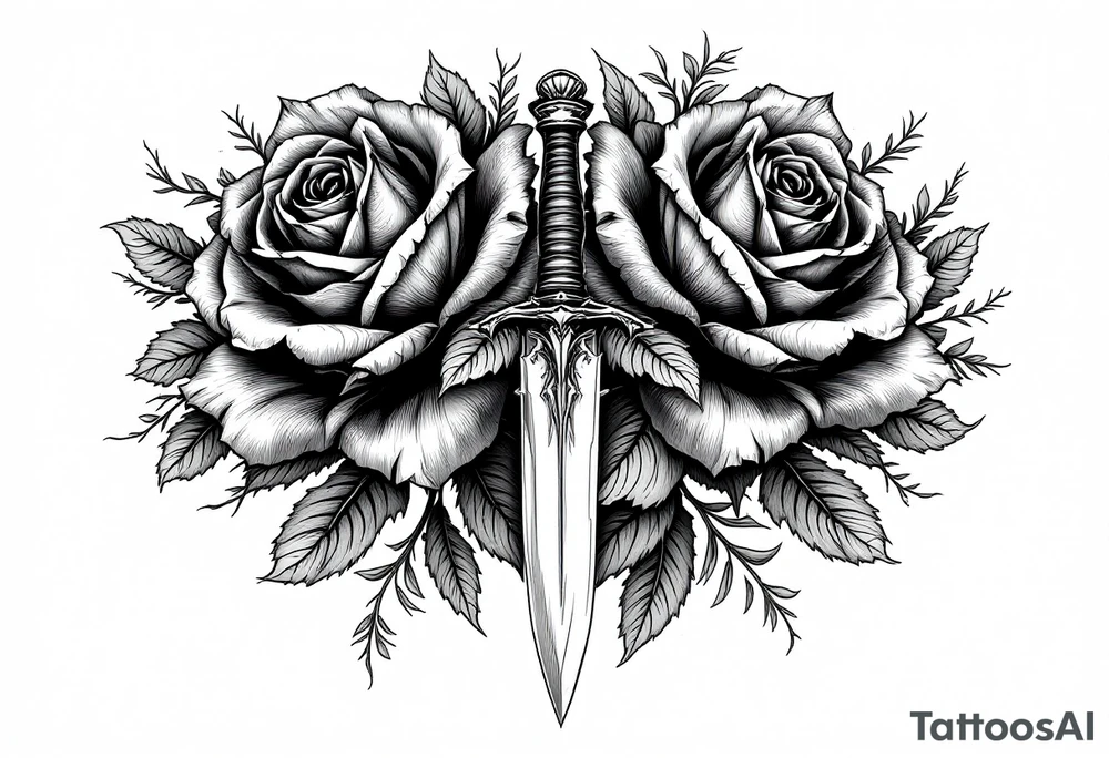 Roses with a dagger through tattoo idea